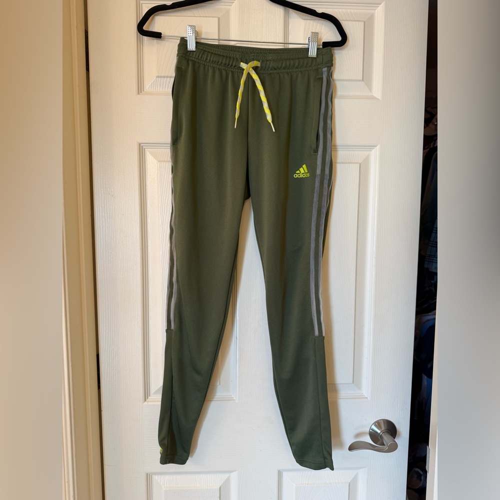 Adidas Kids Olive Green Joggers with Gray Stripes